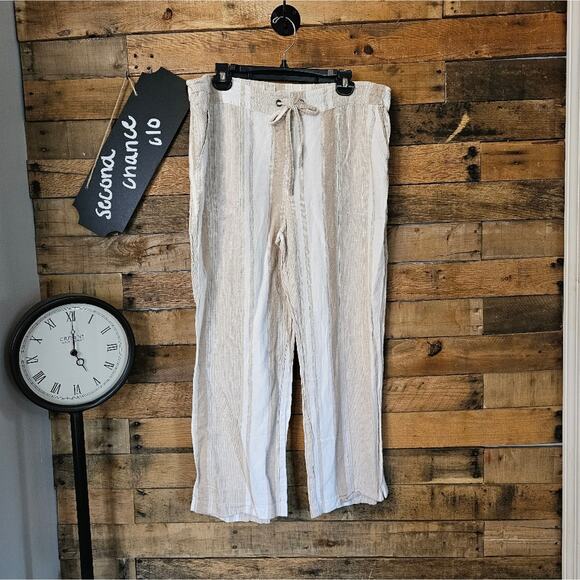 Per Se Women's Linen Off White & Tan Stripped Palazzo Pants Size PXL - Picture 1 of 9
